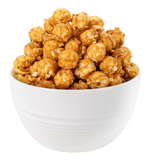 Caramel Popcorn in white bowl on white background, Caramel Mushroom Popcorn in white bowl PNG File.