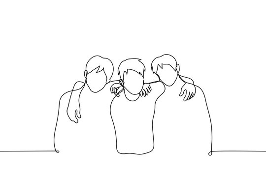 friends hugging shoulders - one line drawing vector. concept a group of friends posing for a photo