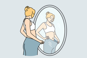 Happy young woman look in mirror see loose big trousers lose weight with sport and diet. Smiling satisfied girl weightloss journey. Vector illustration. 