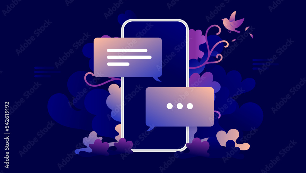 Poster Text messages on mobile phone - Smartphone with abstract texts bubbles popping out of screen on beautiful colourful decorative dark background