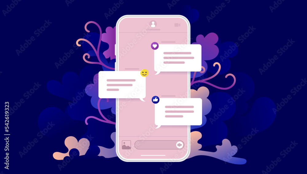 Poster Phone with text messages - Smartphone with chat message on screen in beautiful colours and decorative background. Flat vector design illustration