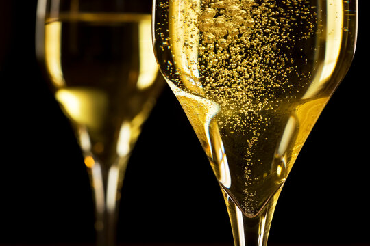 Sparkling champagne in a glass in front of dark background