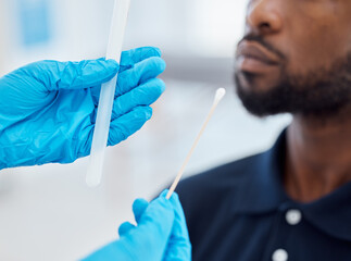 Doctor hands, compliance and a covid test with black man with testing kit in a clinic or hospital. Safety, medical pcr and healthcare hand, glove or corona check before with cotton swab and test tube