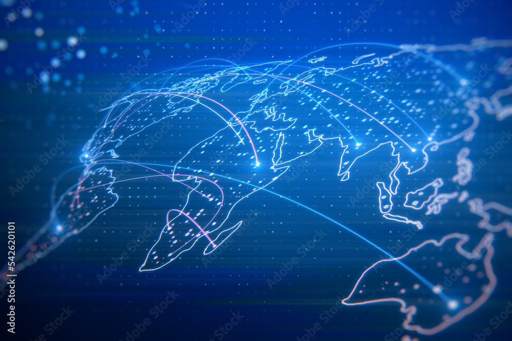 Poster abstract glowing map hologram on blue wallpaper. digital world, network and technology concept. 3d r
