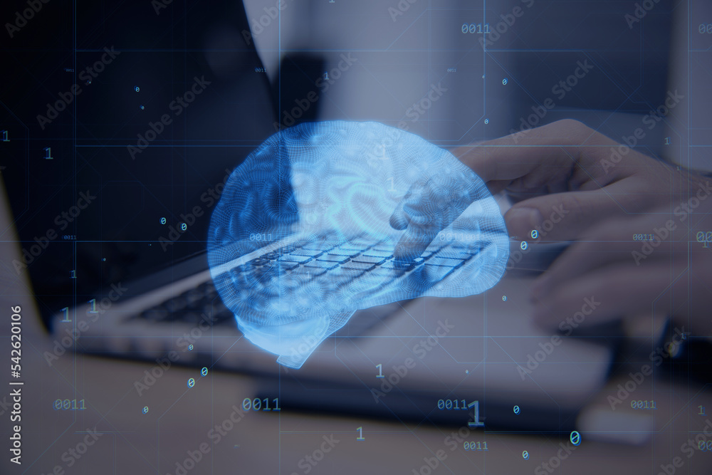 Poster Close up of hands at workplace using laptop computer keyboard with creative blue brain hologram on blurry background. Neurology, anatomy, ai and machine learning concept. Double exposure.