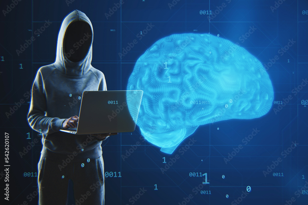 Poster Abstract image of hacker with laptop and creative blue brain hologram on blurry background. Neurology, data hacking, theft, anatomy, ai and machine learning concept.