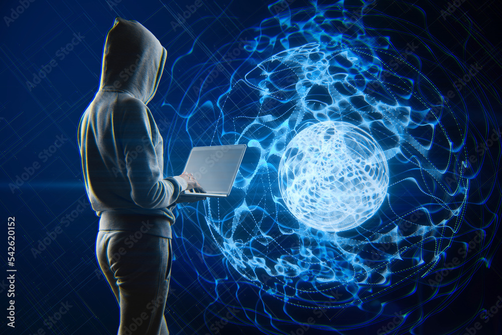 Aufkleber hacker using laptop with glowing blue linear sphere on blurry background. geometric cyberspace, hack