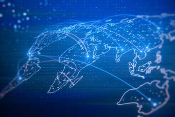 Abstract glowing map hologram on blue wallpaper. Digital world, network and technology concept. 3D Rendering.