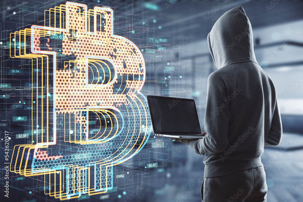Poster Anonymous financial market and cryptocurrency concept with human in hoodie using laptop back view in front of digital screen with bitcoin symbol with honeycombs inside on blurred office background