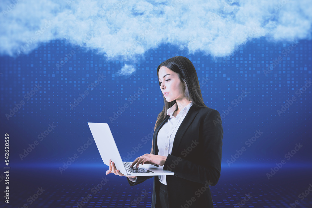 Poster attractive young european woman with laptop standing on blurry digital blue background with abstract