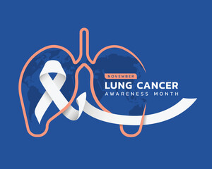 Lung cancer awareness month - orange line lung symbol with white ribbon awareness sign around on blue background vector design