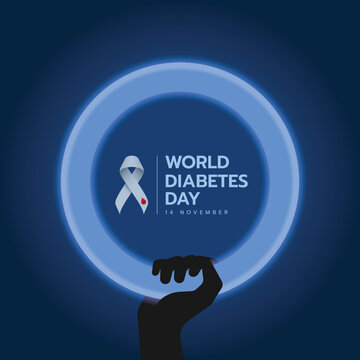 World Diabetes Day - Silhouette Hand Hold White Neon Blue Circle Symbol With Text And Gray Ribbon Diabetes Awareness Sign In Circle On Dark Blue Abckground Vector Design