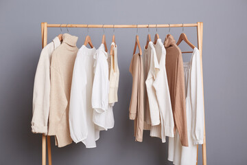 Indoor shot of pastel blouses, shirts, t shirts and sweater are hanging in wardrobe on shelf, basic wardrobe for a fashionista in a fashion store.