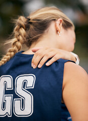 Shoulder pain, sports injury and emergency of netball woman, athlete and stress of body workout or...
