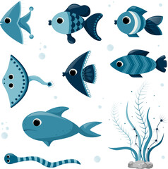 A set of different fish and seaweed on a white background. Cartoon style stickers.