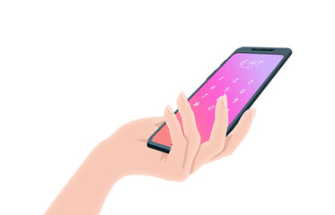 hand holding a smartphone transparent background dial screen woman