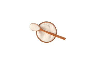 Malic acid or oxyantaric acid powder in wooden bowl and spoon on white background, top view. Food...