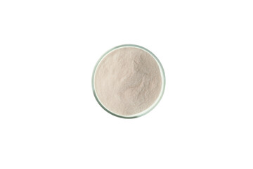 Malic acid or oxyantaric acid powder in Petri dish on white background, top view. Food additive E296, preservative used in the preparation of soft drinks and confectionery. Chemical formula C4H6O5