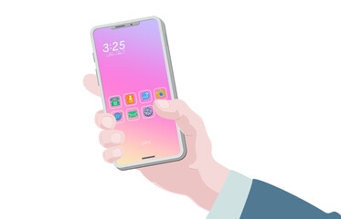 hand holding a smartphone transparent background icon screen pink man suit