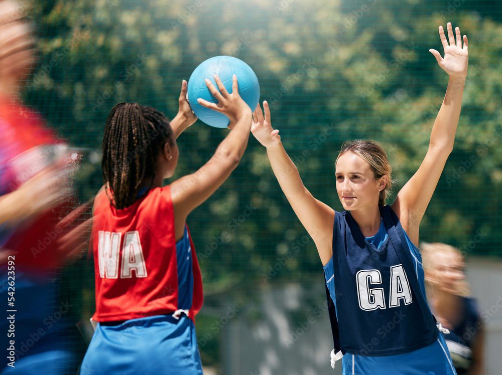 Poster Sports, women and basketball competition at outdoor basketball court for training, exercise and match. Fitness, basketball player and team compete for ball in game, workout and physical performance