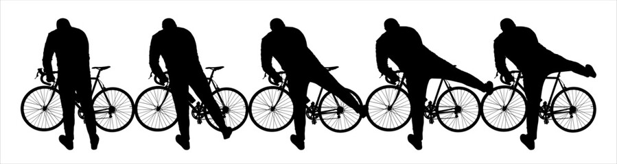 The man stands with his back to the observer. A man holds his bike in his hands and throws his leg over the frame of the bike. Start your bike ride. Five black male silhouettes isolated on white