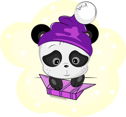 baby panda in a hat with candy