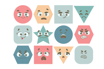 Obraz premium Expressive eyes and mouth, smiling, crying, surprised character. abstract Emoticons set. comic Faces various Emotions. Flat design. Emoji faces emoticon smile, feelings, chat messenger cartoon emotes