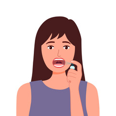 Woman using mouth spray for fresh breathing or sore throat infection treatment in flat design on white background.