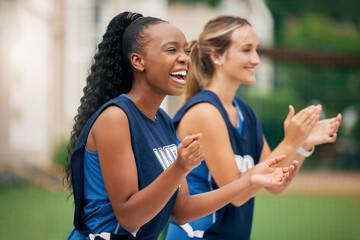 Sports, support and netball team cheers, applause or celebrate teamwork goal, game win or...