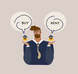 Doubting businessman making decision to buy or rent a house. Sale, purchase, lease, rent of real estate concept. Vector cartoon doodle flat banner, poster, flyer, illustration.