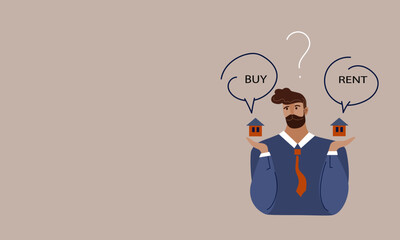 Doubting businessman making decision to buy or rent a house. Sale, purchase, lease, rent of real estate concept. Vector cartoon doodle flat banner, poster, flyer, illustration.