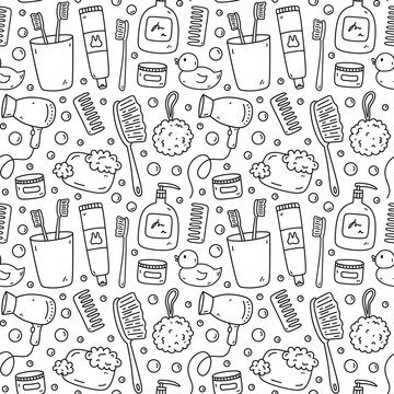 Vetor de Seamless pattern with bath accessories - shampoo, rubber duck,  loofah, soap, cream, towel, toothpaste, toothbrush. Vector hand-drawn  illustration in doodle style. Perfect for print, wrapping paper. do Stock