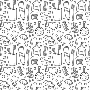 Seamless pattern with bath accessories - shampoo, rubber duck