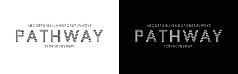 Pathway Font is set of upper case alphabets fonts letters and numbers modern. Abstract design with lines and circle vector illustration. Suites for fashion, sport, and art.