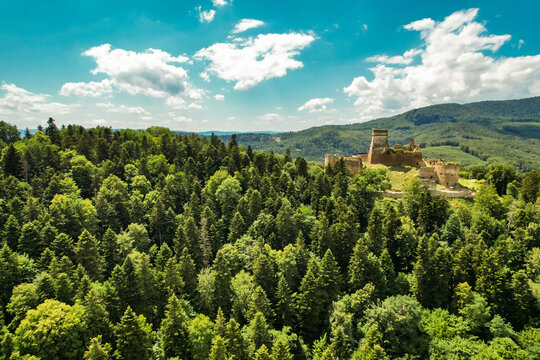 An aerial view of the medieval Zborov Castle, Slovakia