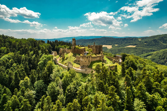 An aerial view of the medieval Zborov Castle, Slovakia