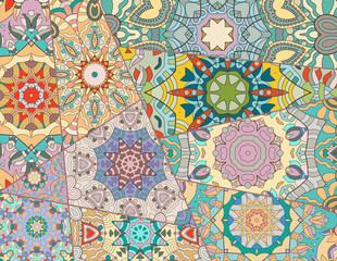 Abstract patchwork quilt pattern. Vintage decorative collage. Hand drawn background. Indian, Arabic, Turkish motifs for printing on fabric or paper. Colorful doodle vector pattern in mosaic style