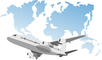 Passenger airplane in flight with world map background.illustration flat design