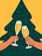 Merry Christmas and happy New Year poster or banner. Cheers or festive toast with champagne on background of silhouette of Christmas tree. Hands with alcohol drinks. Colorful flat vector illustration.
