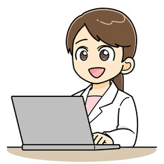 笑顔でパソコンを打ち込む白衣の女性