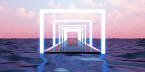 podium background on the water surface and neon light ring cosmetic 3d render