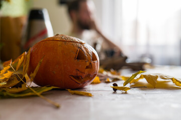 halloween pumpkin head jack lantern on rustic background