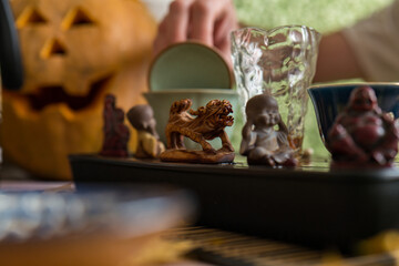 tea figurines on a tea board for the Chinese tea ceremony