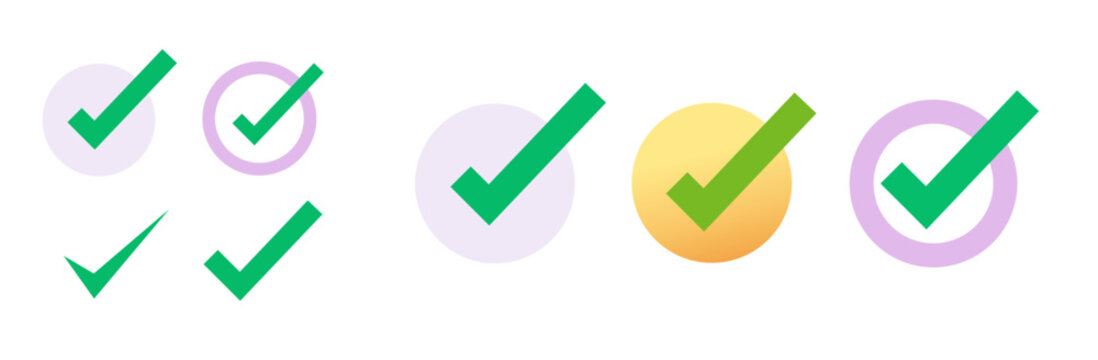 Check Mark Tick Icon Vector Graphic Illustrated, Checkmark Checkbox Green List Element, Correct Choice Or Approved Pictogram Clipart, Right Vote Round Button, Approved Positive Confirmation Set Image