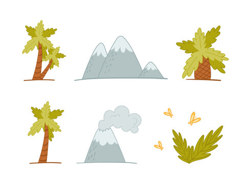 Volcano, mountain outdoor, palm tree and eotic plants set. Nature landscape elements cartoon vector illustration