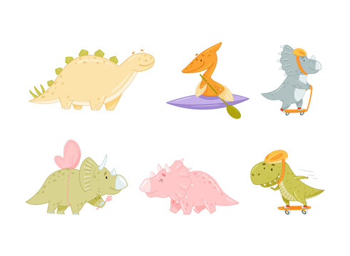 Cute dinosaurs performing summer sports and outdoor activities set. Cute dino canoeing, riding skateboard and kick scooter cartoon vector illustration