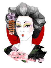 Japanese geisha, watercolour, illustration, hand drawn, Japan culture, woman portrait