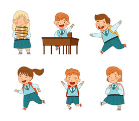 Back to school. Happy cute pupils in school uniform with backpacks cartoon vector illustration