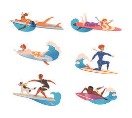 Happy surfers in beachwear riding surfboards set. Summer outdoor activities at beach vector illustration