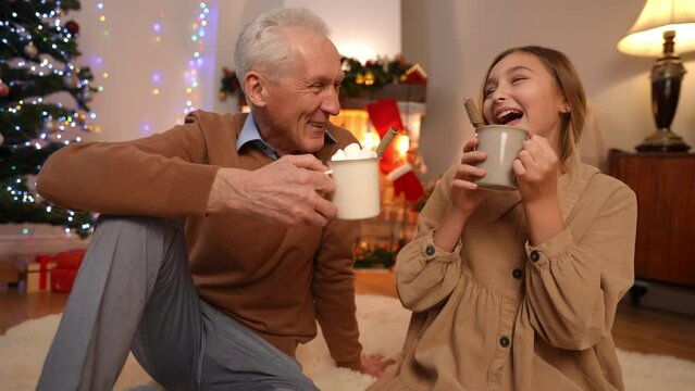 Happy granddaughter and grandfather drinking tasty traditional Christmas cocoa with marshmallows on New Year's eve indoors. Positive Caucasian teen girl and senior man clinking cups talking smiling